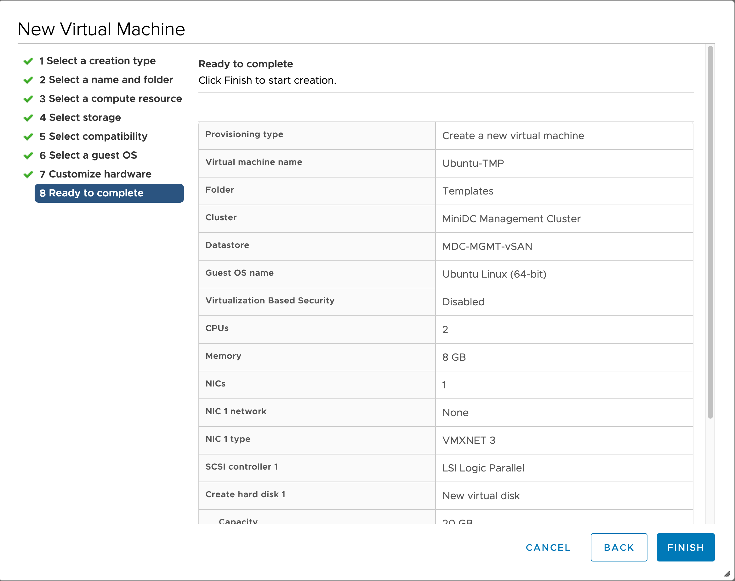 Восьмой снимок экрана: создание виртуальной машины VMware vSphere.