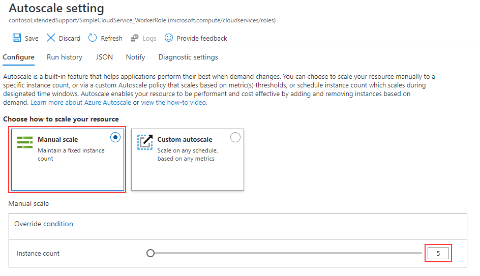 Image shows setting up manual scaling in the Azure portal