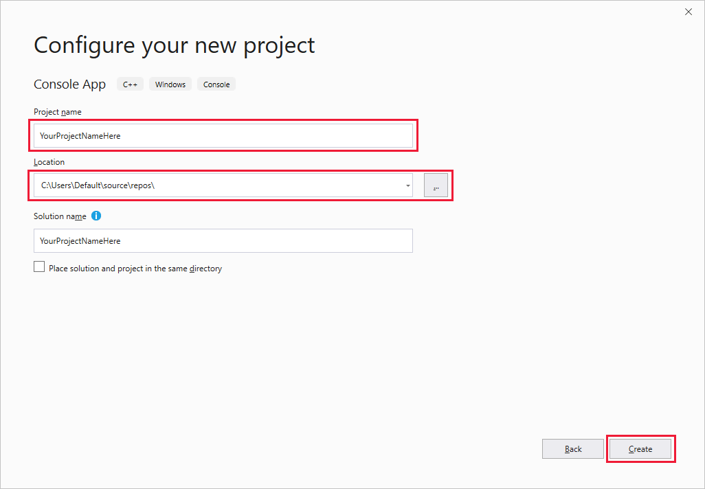 Снимок экрана: выбор параметров для настройки нового проекта в Visual Studio.