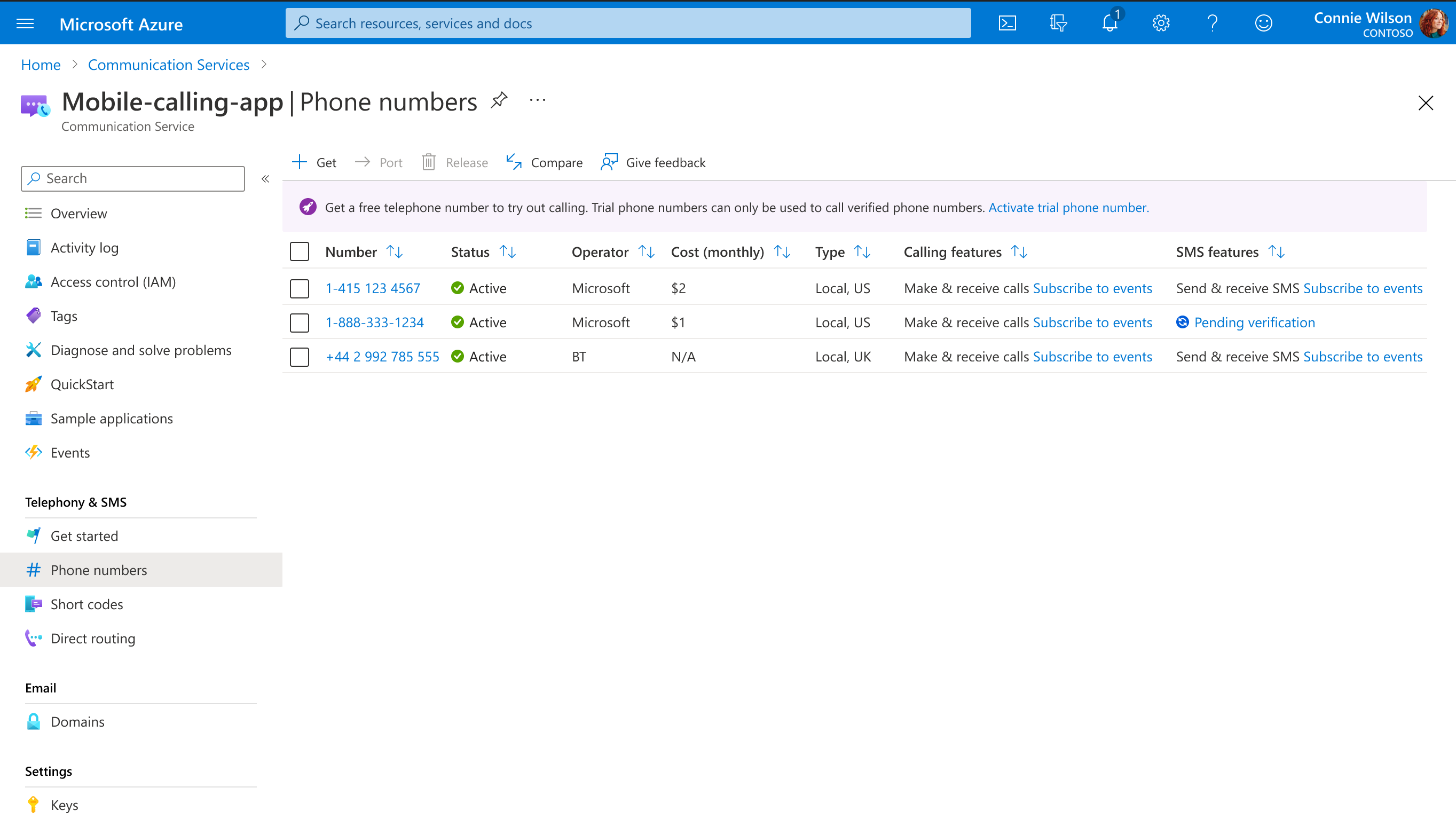 Краткое руководство. Получение пробных номеров телефонов и управление ими в Службы коммуникации Azure | Microsoft Learn