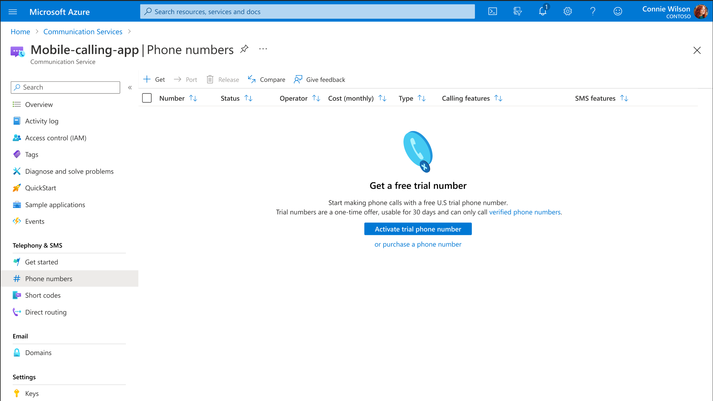 Краткое руководство. Получение пробных номеров телефонов и управление ими в  Службы коммуникации Azure | Microsoft Learn
