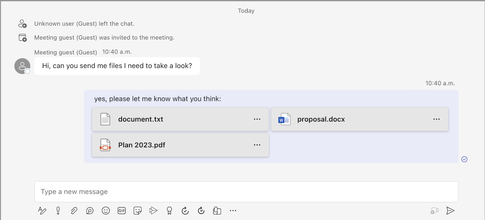 Снимок экрана: клиент Teams с отправленным сообщением с тремя вложениями файлов.