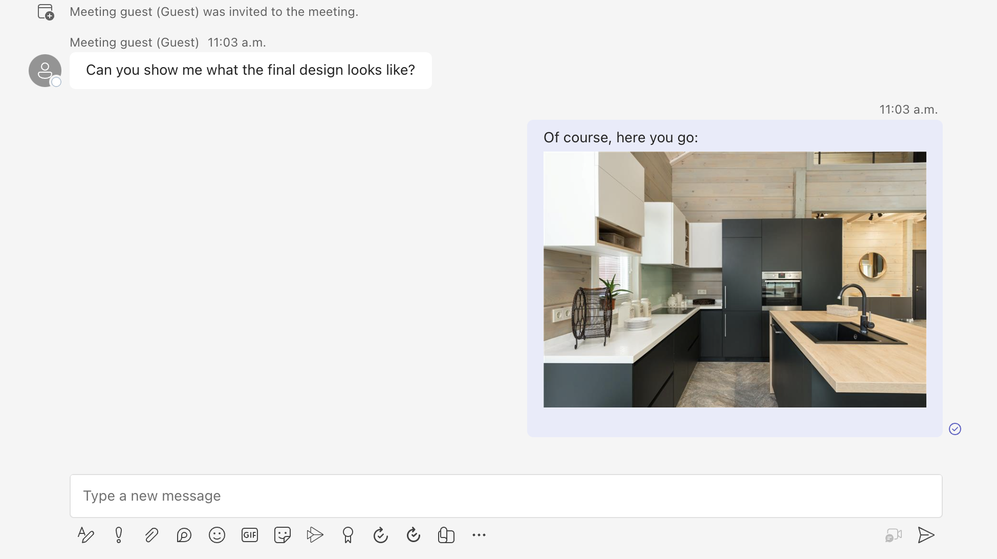 Снимок экрана: клиент Teams с сообщением с вложением изображения, отправленным другому участнику.