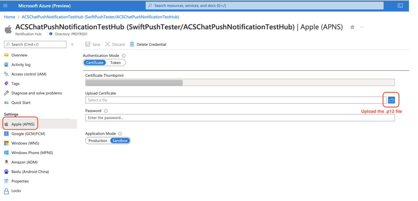 Снимок экрана: параметры приложения и сертификата для концентратора уведомлений.