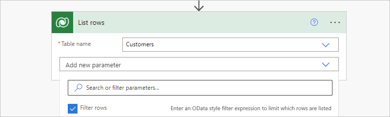 Screenshot shows Consumption workflow and property named Filter rows.