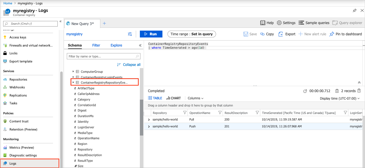 Снимок экрана: данные журнала запросов на портале Azure.