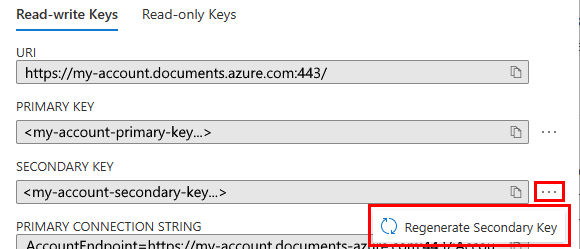 Снимок экрана: портал Azure, показывающий, как повторно создать вторичный ключ.