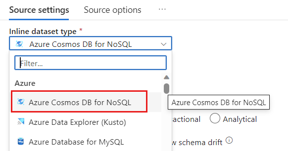 Снимок экрана: выбор Azure Cosmos DB для NoSQL в качестве типа набора данных.