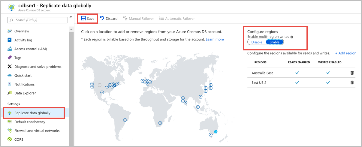 Screenshot of the Replicate data globally menu, highlighting Configure regions and Save.