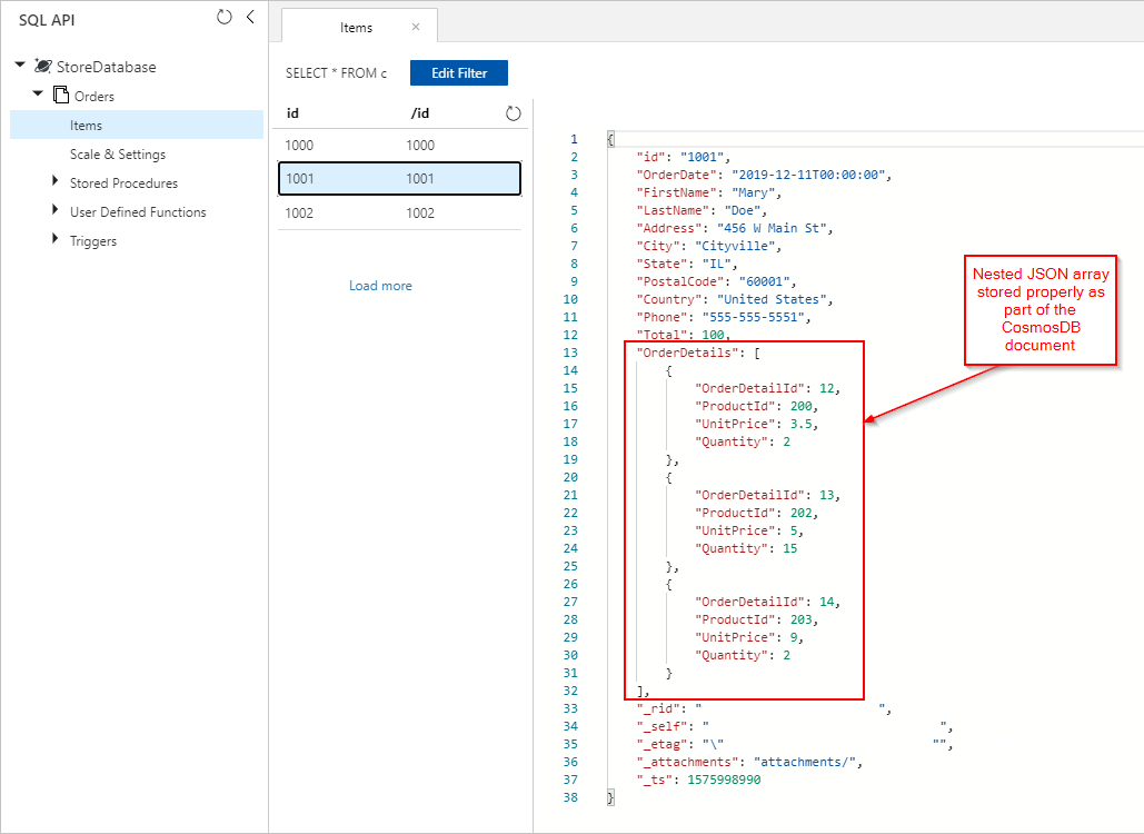 Снимок экрана: сведения о заказе в рамках документа Azure Cosmos DB