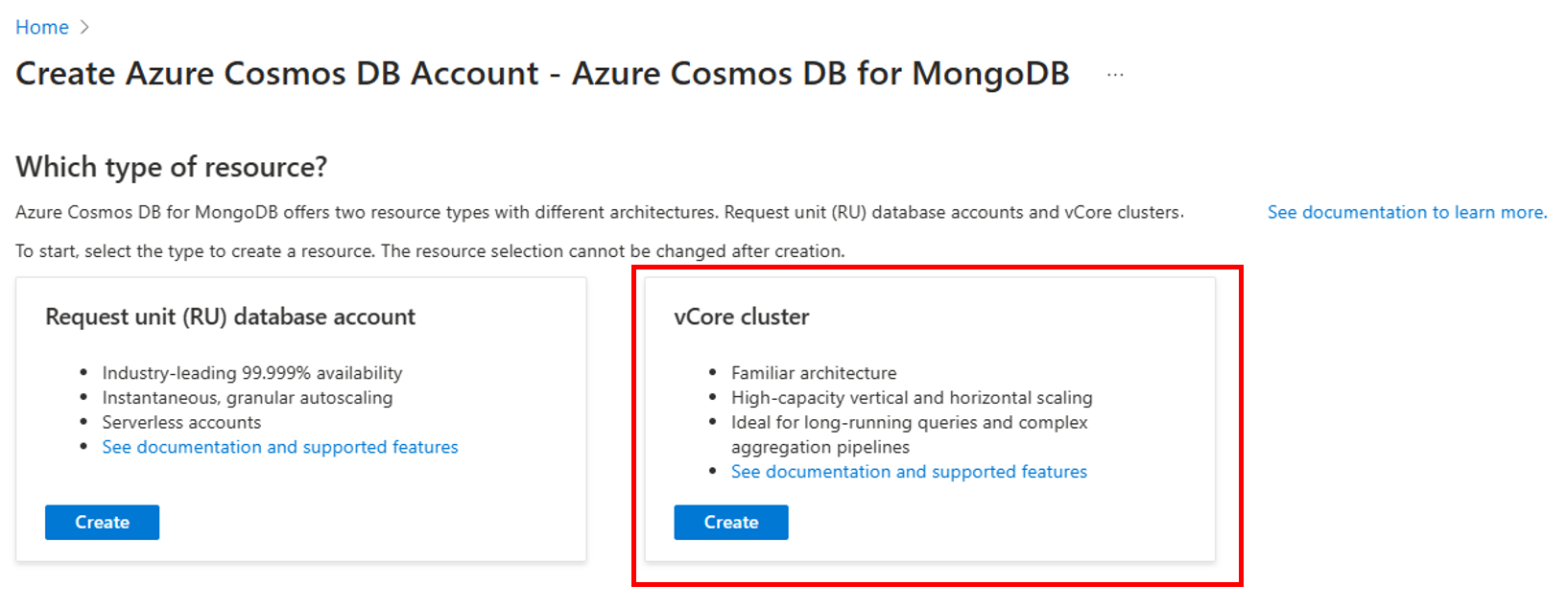 Снимок экрана: страница выбора типа ресурса для Azure Cosmos DB для MongoDB.
