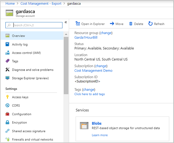 Снимок экрана: страница учетной записи хранения с примерами сведений и ссылка на Open in Explorer.