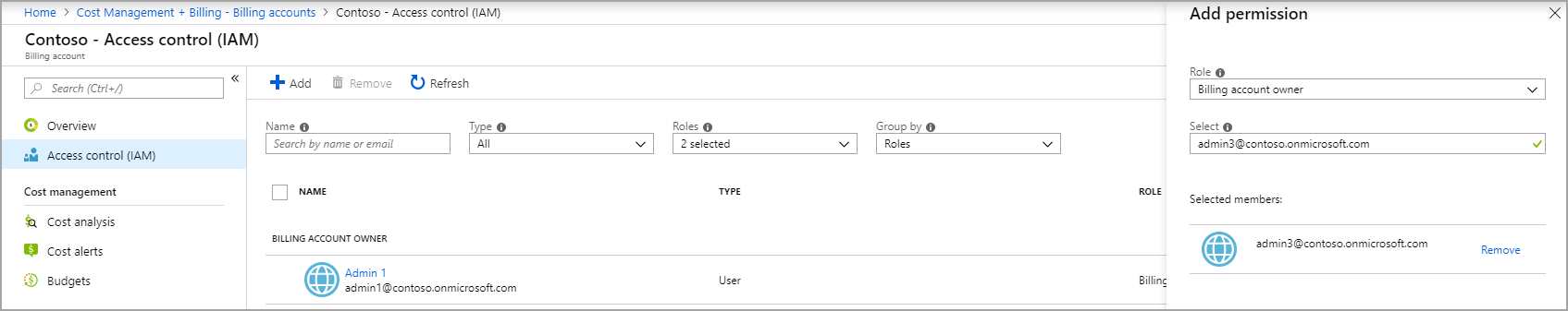 Снимок экрана: добавление администратора в учетную запись выставления счетов.