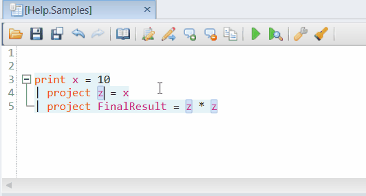 Анимированный GIF-файл, показывающий переименование переменной в окне Редактор запросов. Три вхождения одновременно заменяются новым именем.