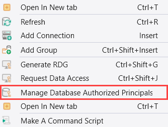 Снимок экрана: раскрывающееся меню сущности. Выделены параметры Manage Database Authorized Principals (Управление авторизованными субъектами базы данных).