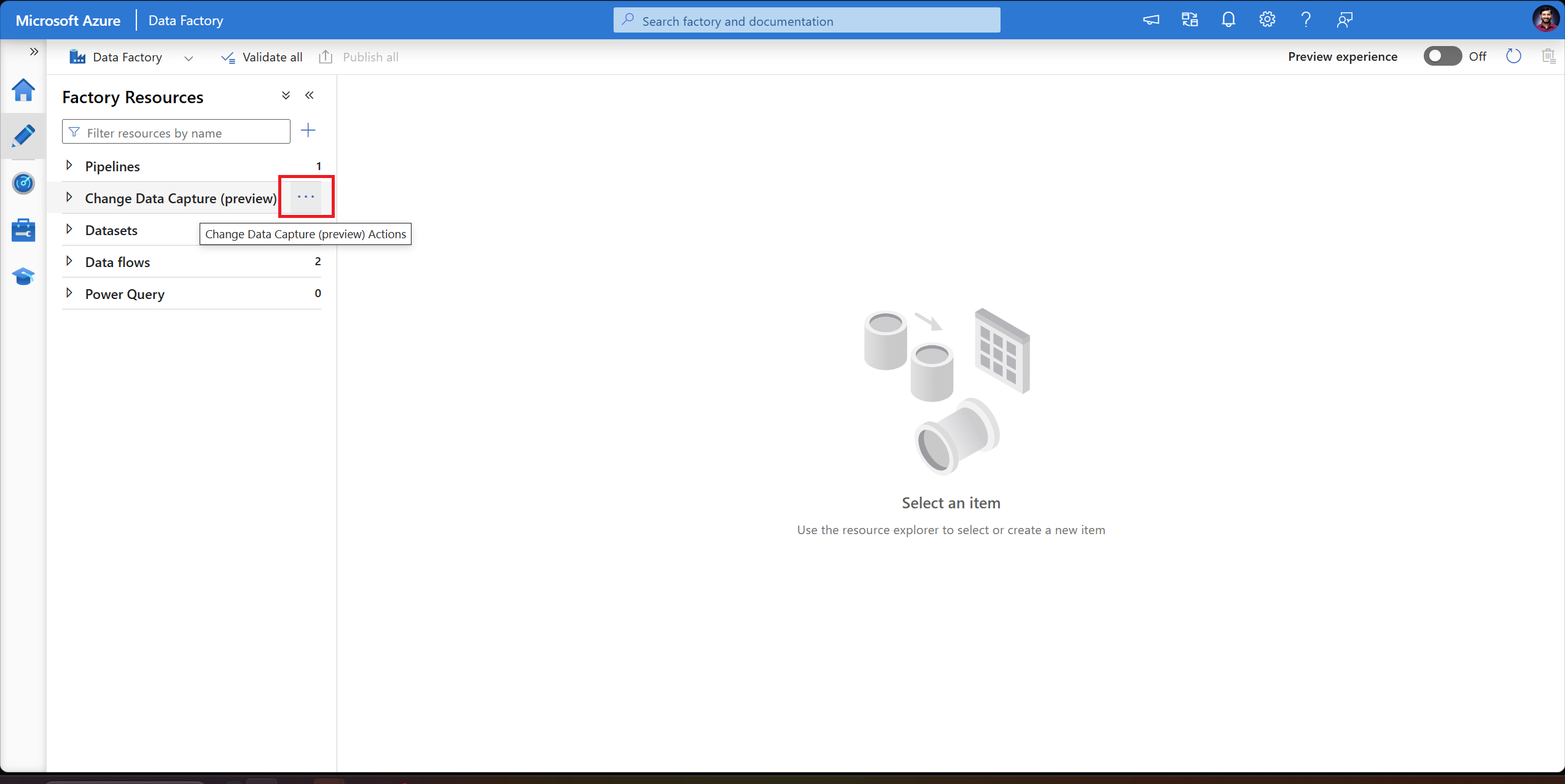 Снимок экрана: кнопка для действий отслеживания измененных данных, отображаемых над новым артефактом верхнего уровня.