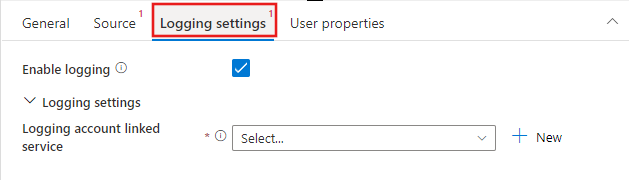 Shows the  Logging settings  tab for a Delete activity.