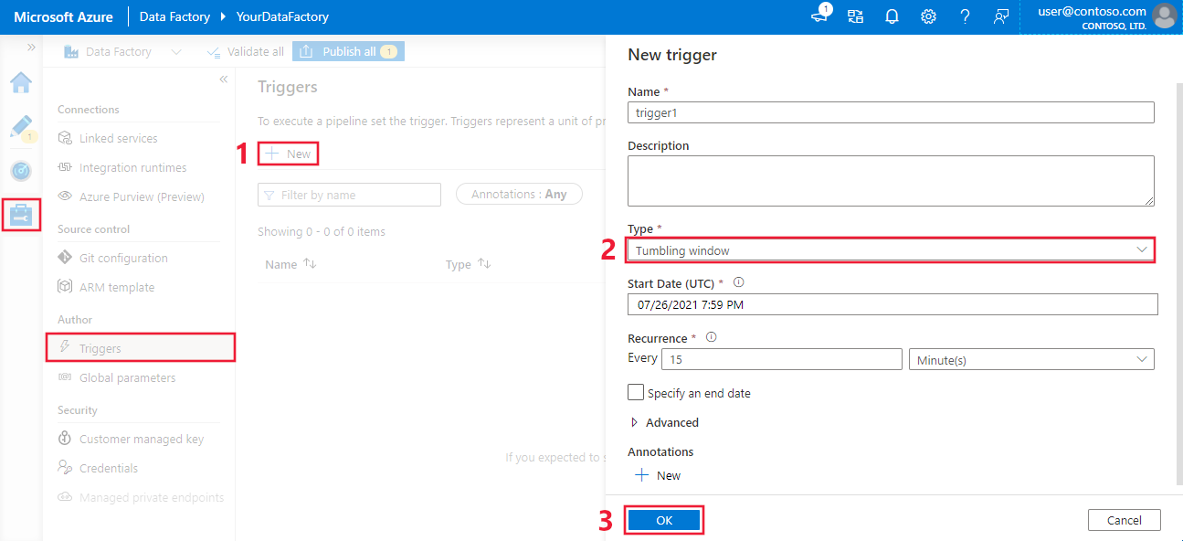 Create a tumbling window trigger in the Azure portal