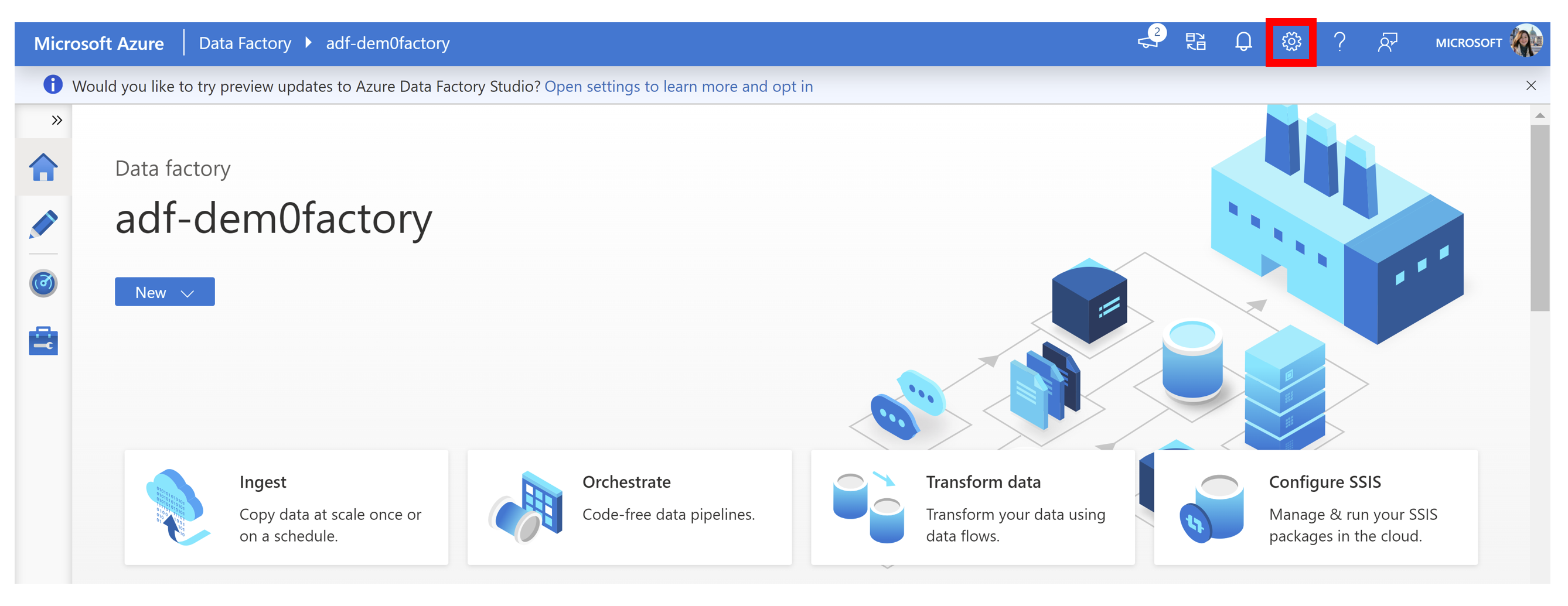 Снимок экрана: домашняя страница Фабрики данных Azure с выделенным значком 