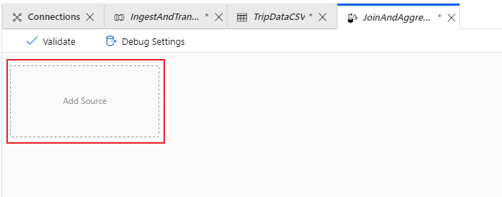 Снимок экрана: портал Azure кнопки добавления источника в новом потоке данных.
