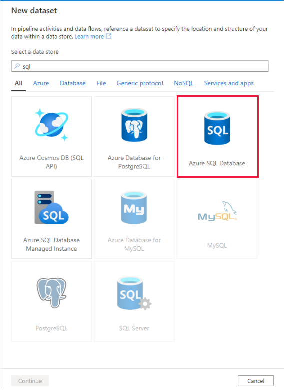 Снимок экрана: портал Azure добавления нового набора данных База данных SQL Azure в поток данных.