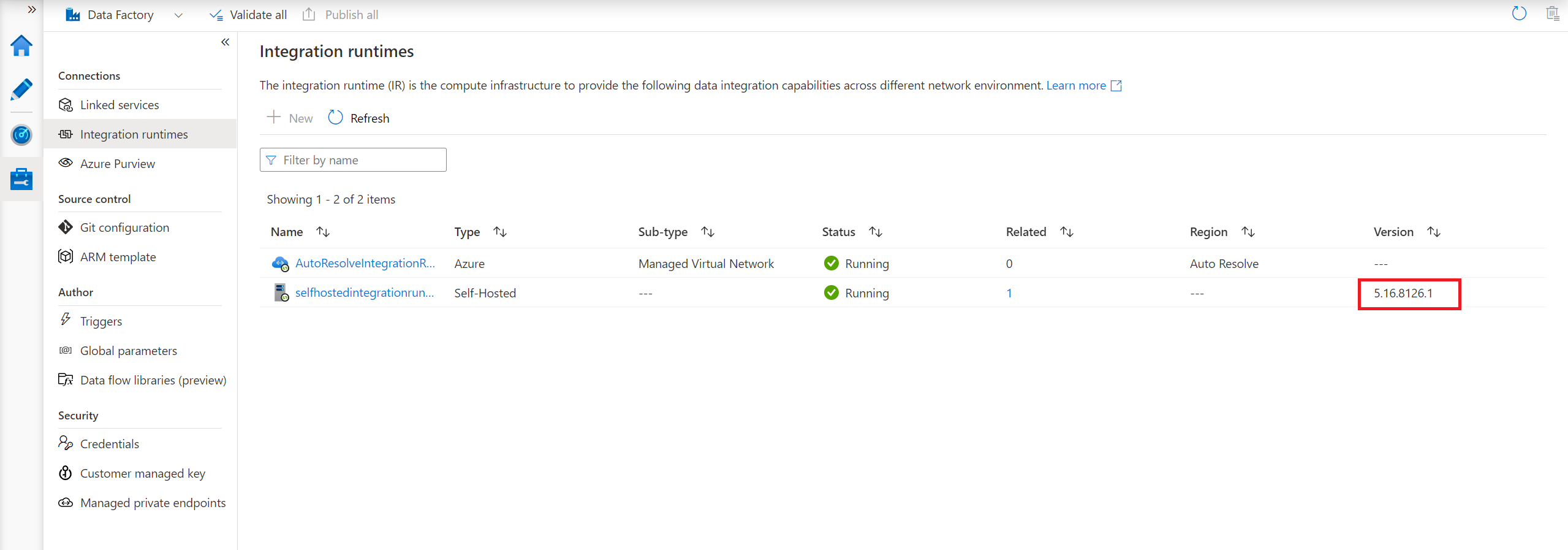 Screenshot that shows the version in Azure data factory portal.