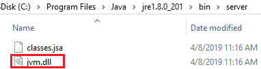Снимок экрана: расположение файла jvm.dll.