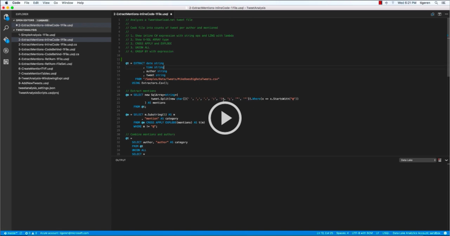 Проигрыватель видео: средства Azure Data Lake для VS Code