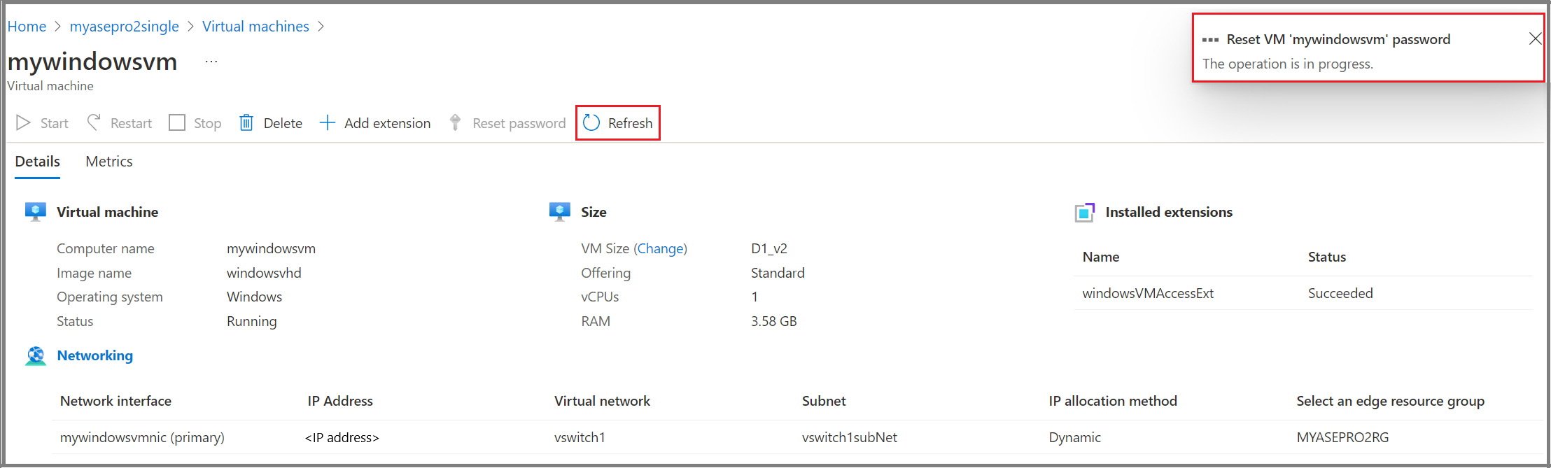 Снимок экрана: ход изменения пароля портал Azure Windows V M.