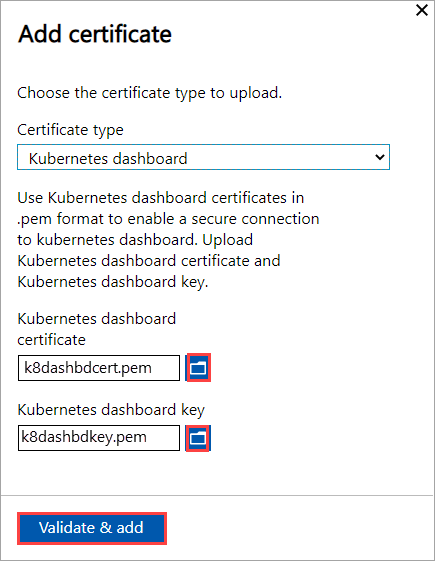 Снимок экрана: добавление сертификата при добавлении сертификата панели мониторинга Kubernetes на устройство Azure Stack Edge. Кнопки обзора для файла сертификата и ключа выделены.