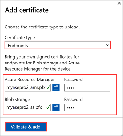 Screenshot of the Add Certificate pane for endpoints for an Azure Stack Edge device. The certificate type and certificate entries are highlighted.