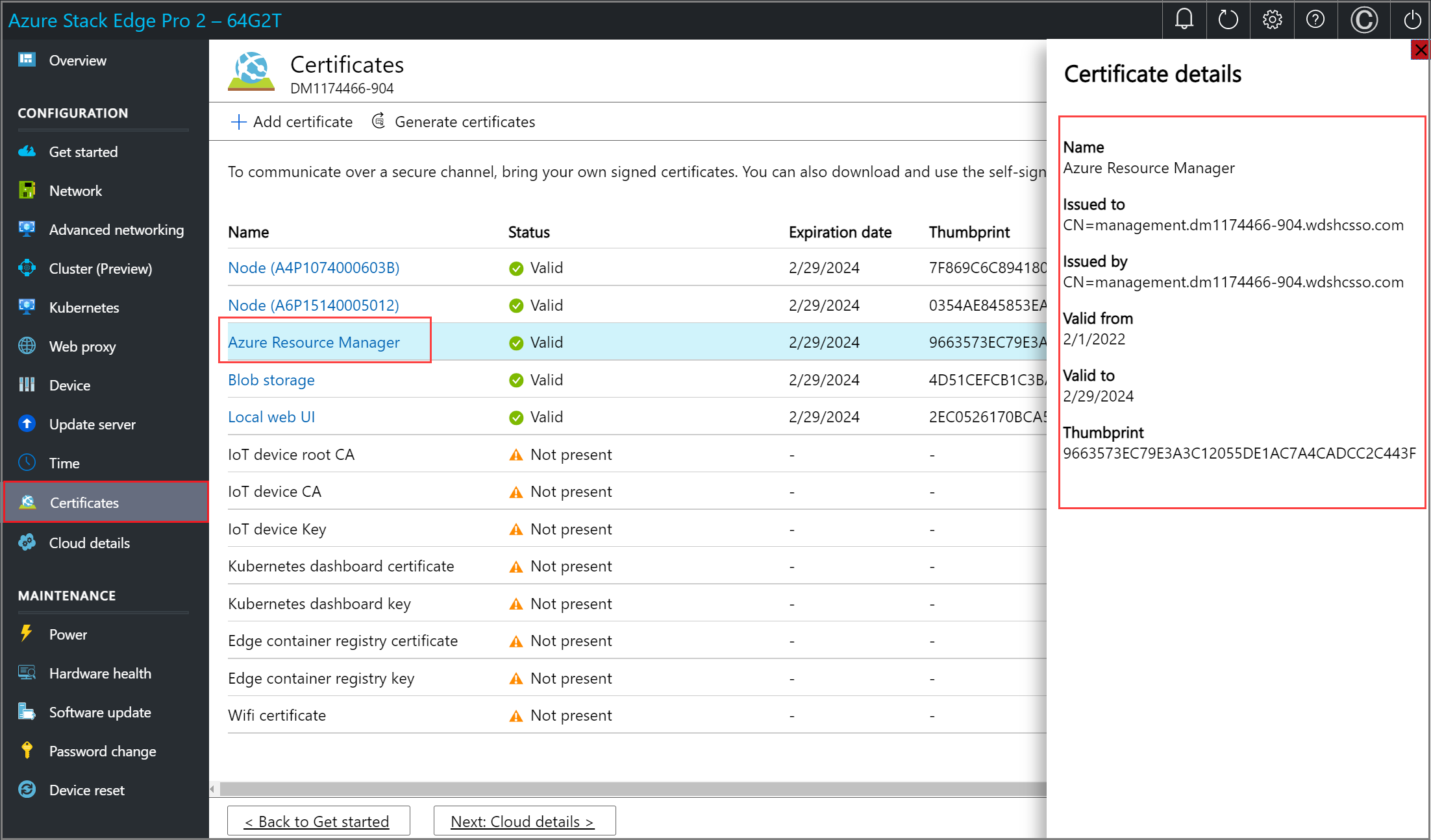 Screenshot of the Add Certificate pane for a node certificate for an Azure Stack Edge device. The certificate type and certificate entries highlighted.