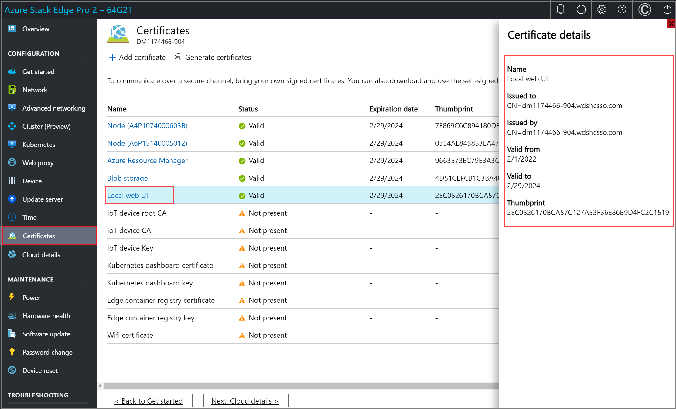 Screenshot of Local web UI certificate details highlighted on the Certificates page of an Azure Stack Edge device.