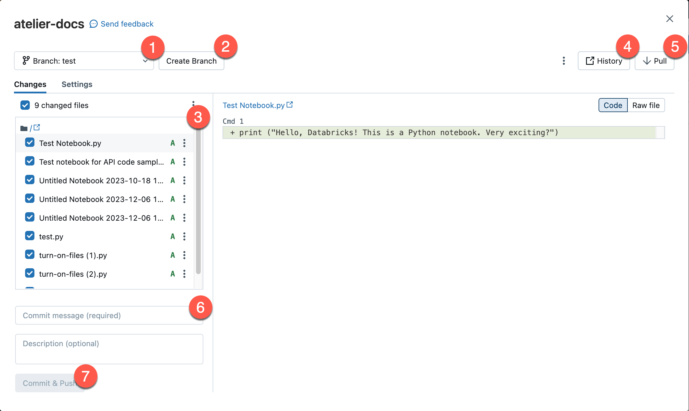 Диалоговое окно, используемое для выполнения операций Git в рабочей области Databricks.