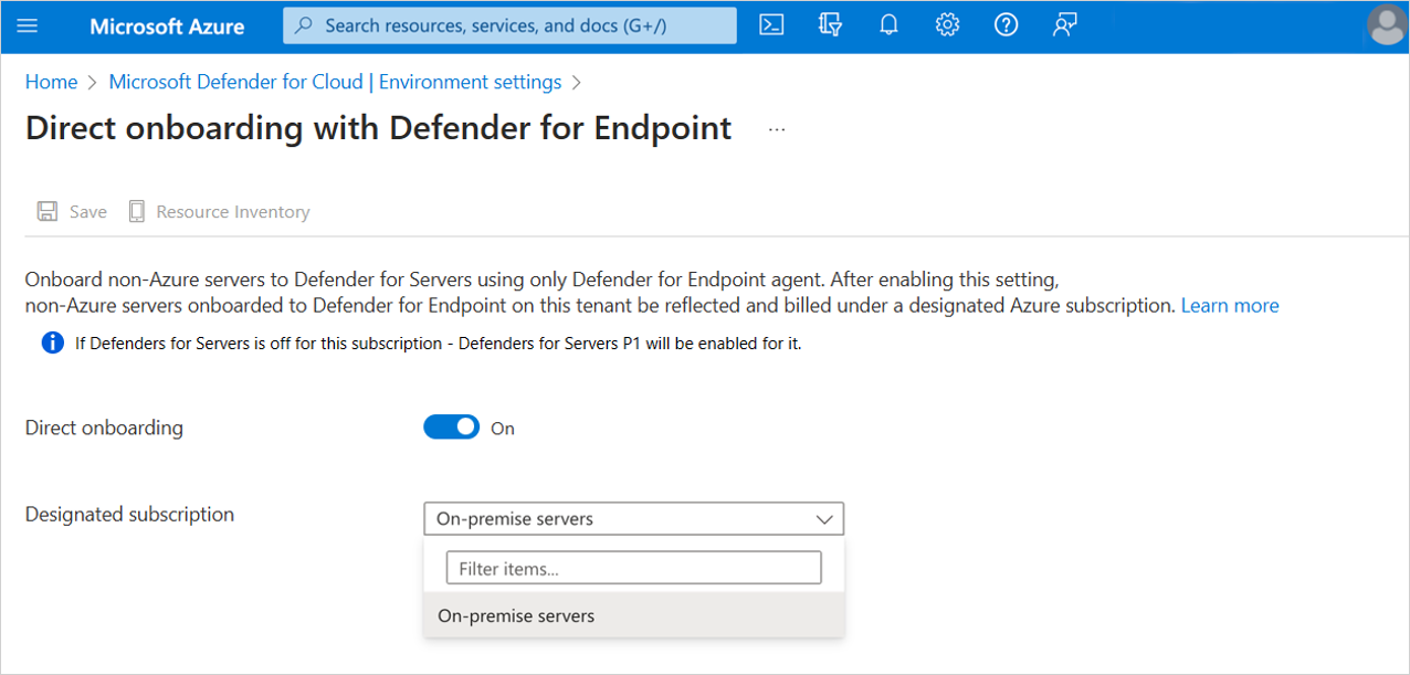 Снимок экрана: подключение серверов, отличных от Azure, с помощью Defender для конечной точки.