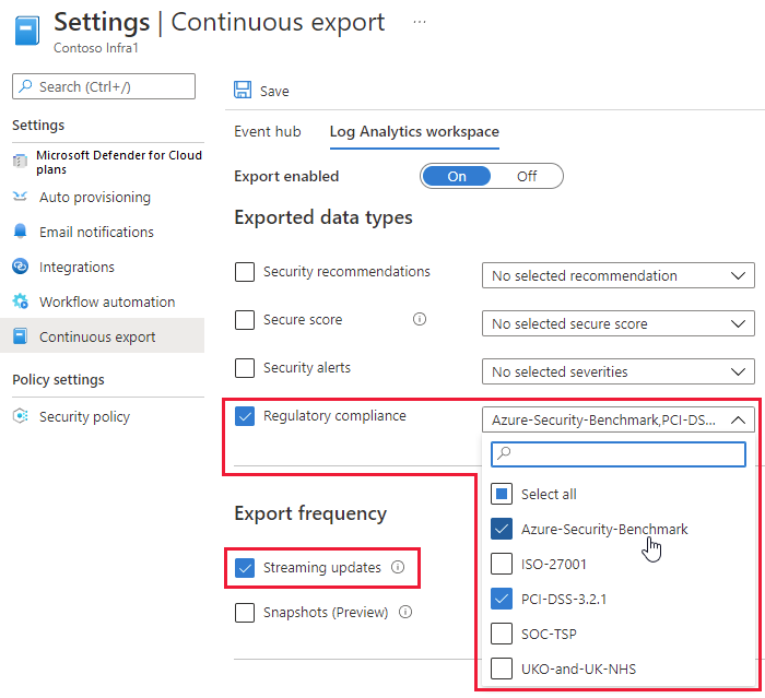 Screenshot that shows how to continuously export a stream of regulatory compliance data.