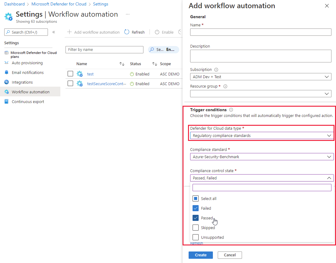 Screenshot that shows how to use changes to regulatory compliance assessments to trigger a workflow automation.