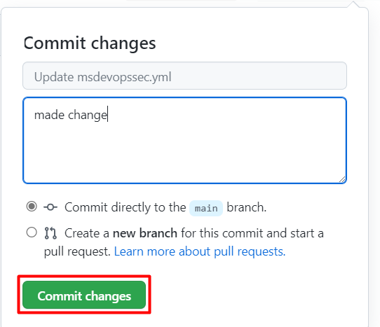 Screenshot that shows where to select Commit changes on the GitHub page.