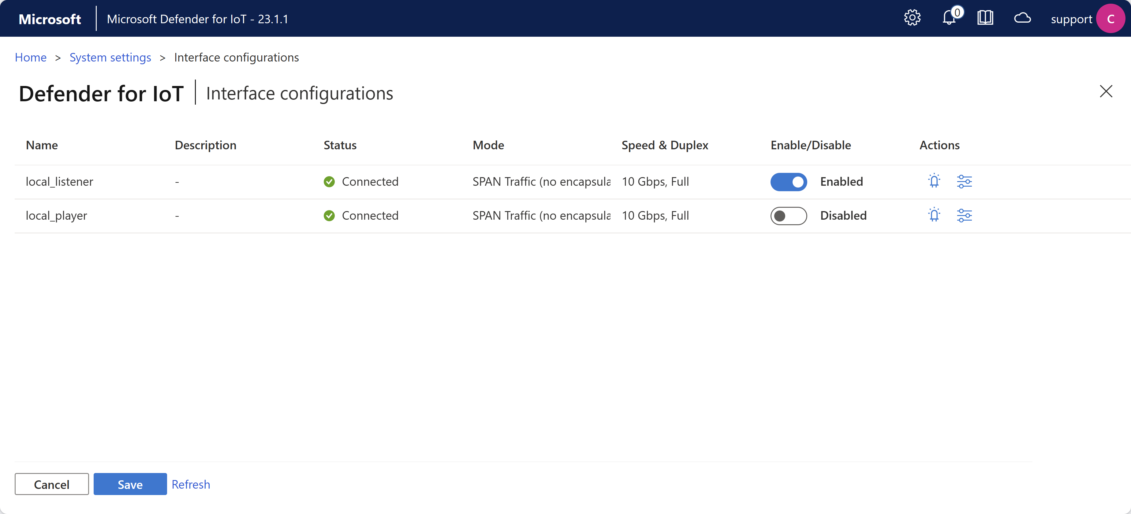 Снимок экрана: страница конфигураций интеграции на датчике OT.