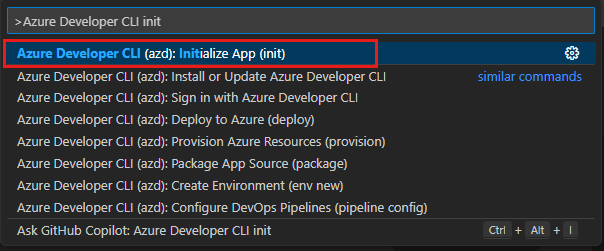 Снимок экрана: палитра команд Visual Studio Code с помощью интерфейса командной строки разработчика Azure (azd): выделена инициализация.