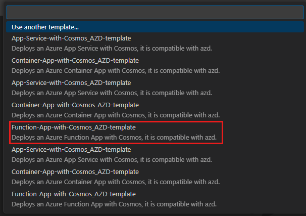 Снимок экрана: палитра команд Visual Studio Code со списком шаблонов, выделенным приложением-функцией.
