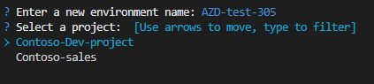Снимок экрана: терминал разработчика Azure, показывающий запрос на выбор проекта.