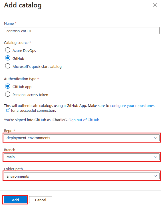 Снимок экрана: панель портал Azure для добавления каталога с выделенными полями для репозитория, ветви и пути к папке. Кнопка