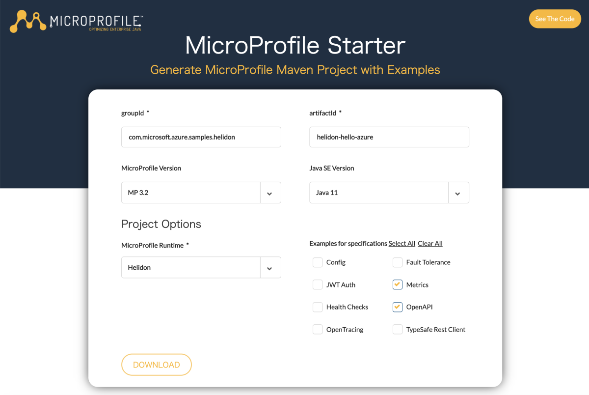 Снимок экрана: MicroProfile Starter с выбранной средой выполнения Helidon.