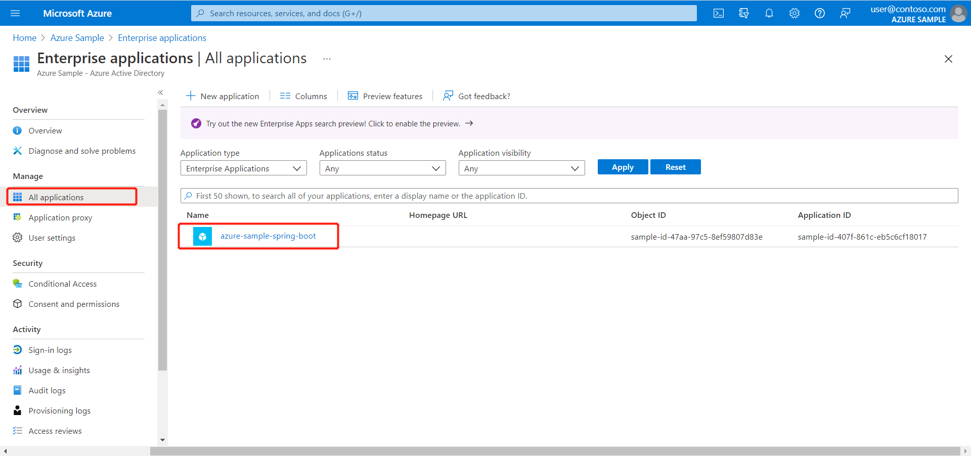 Screenshot of 'Enterprise applications' screen with 'All applications' list showing.