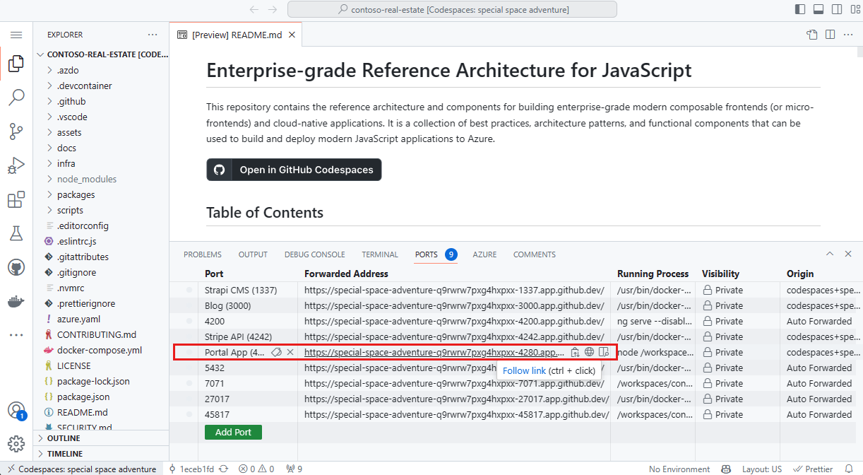 Руководство по работе с недвижимостью Contoso в Codespaces - JavaScript on  Azure | Microsoft Learn