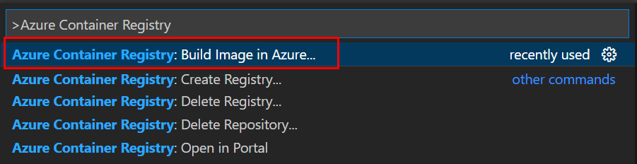 Screenshot showing how to start building a new container image in an Azure Container Registry with Visual Studio Code.