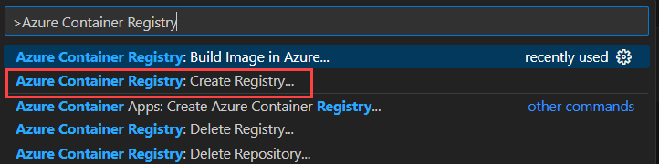 Screenshot showing how to start creating a new Azure Container Registry in Visual Studio Code.
