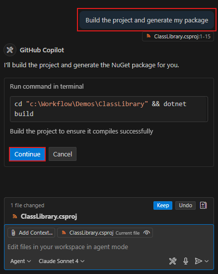Снимок экрана, на котором показан запрос GitHub Copilot с просьбой подтвердить сборку проекта.