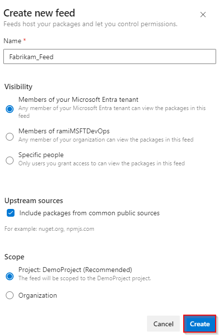 Снимок экрана с вариантами создания нового канала в Azure DevOps Services.